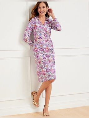 Talbots Floral Paisley Faux Wrap Dress Women’s Size 12/14 Pink Blue Stretch Knit